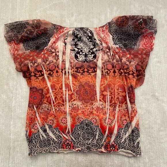 Apt 9 Womens Blouse Top with Flutter Short Sleeves Sz L Paisley Floral Pattern - Picture 2 of 11